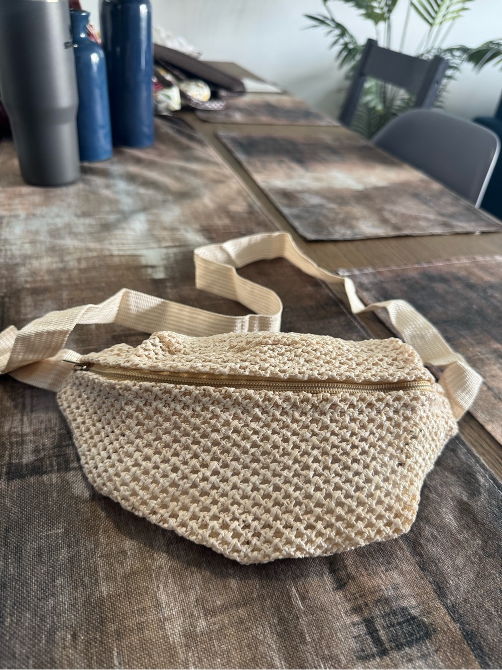 Neutral Beige Woven Crossbody Belt Bag - Unbranded